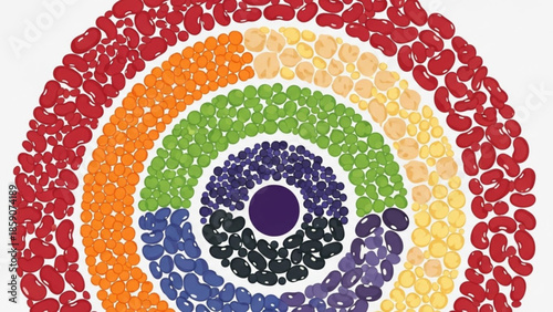 Colorful concentric circles made of beans abstract food art representing diversity and spectrum isolated on white background