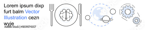 Education, innovation, cognitive science, technology, global concepts, creativity. Brain on a plate with fork and knife, Earth and gears. Education and innovation visually through diverse elements
