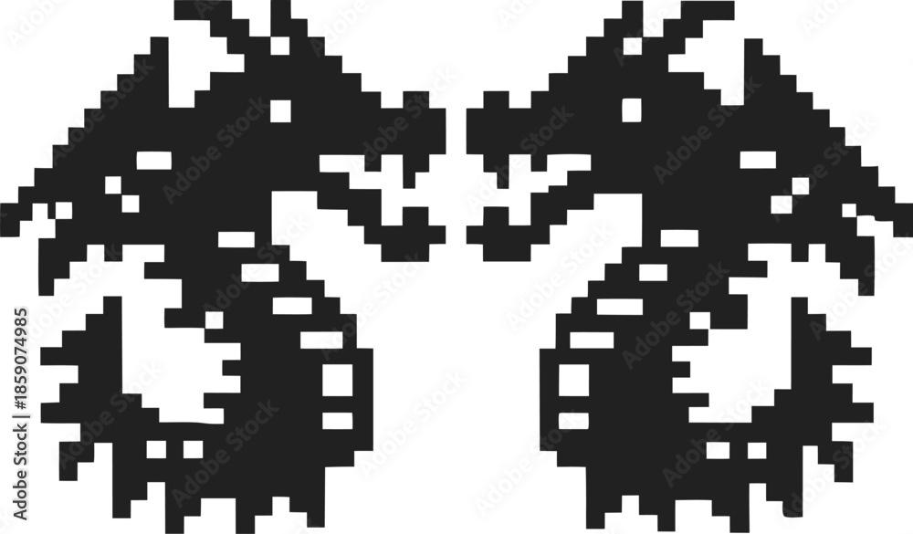 Fototapeta premium symmetrical pixel dragons facing each other retro 8 bit mythical creatures, mirrored fantasy reptile icons for vintage gaming design