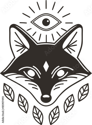 Mystic fox head with sacred eye and leaves minimalist boho animal spirit symbol, monochrome geometric tribal tattoo design