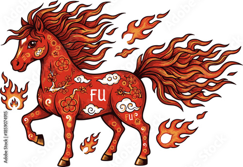 Happy Chinese new year golden red relief horse traditional lantern spiral cloud and folding fan. Chinese translation : New year of horse
