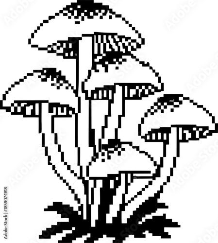 pixel art mushrooms cluster retro black and white fungi illustration, minimalist vintage 8 bit nature graphic with stylized toadstools