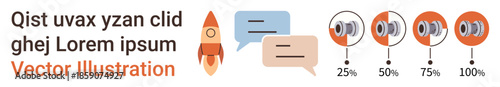 Business growth, progress tracking, communication skills, startup visualization, goal setting, presentation aid. Rocket and chat bubbles alongside progress percentage indicators. Business growth