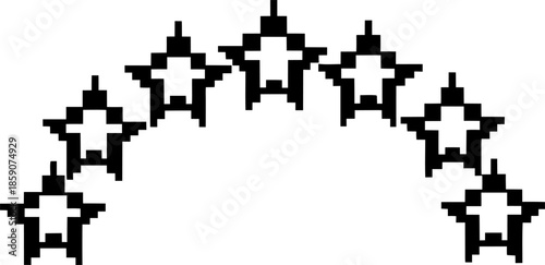 Seven pixel stars in curved arc pattern minimalist retro digital symbol with black 8 bit star icons forming semi circular decorative design