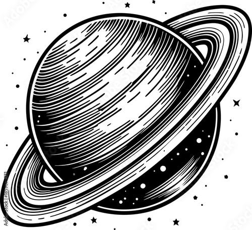 Ringed planet illustration with saturn inspired celestial body, cosmic rings, black and white space engraving, astronomy themed design