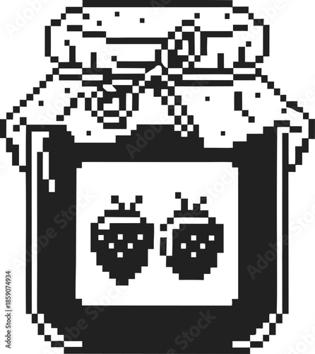 Pixel art strawberry jam jar icon with rustic lid and berry label retro monochrome food preservation symbol, minimal vintage design