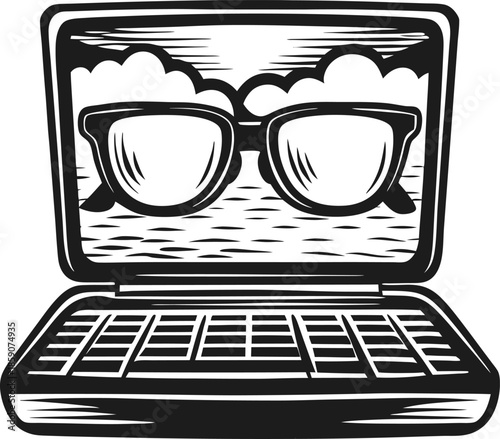 Minimalist laptop with eyeglasses reflection on screen monochrome creative illustration symbolizing online learning, coding and digital work