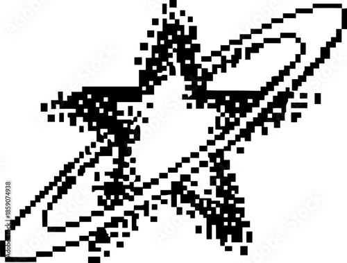 pixel art star with orbiting ring minimal black and white cosmic symbol, retro digital astronomy and futuristic space icon
