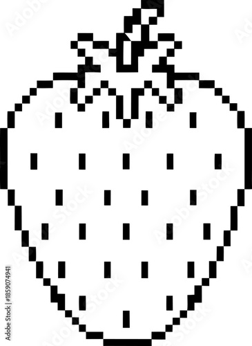 Pixelated strawberry outline icon minimal black and white fruit symbol with dotted seeds and simple retro digital