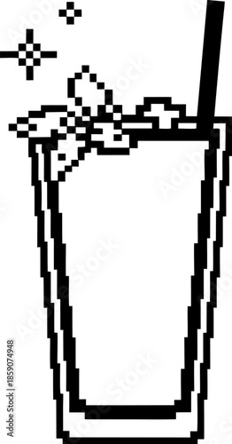 Refreshing pixel art tropical cocktail with straw, citrus garnish and sparkling accents in tall glass black and white outline