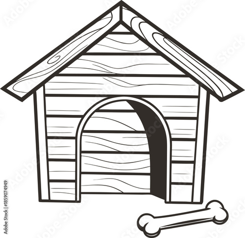 Dog house outline illustration with wooden planks and bone simple black line drawing of pet shelter isolated on white background