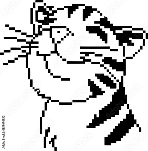 Smiling pixel tiger portrait cute retro 8 bit big cat face, happy striped animal illustration, simple minimalist pixel art design