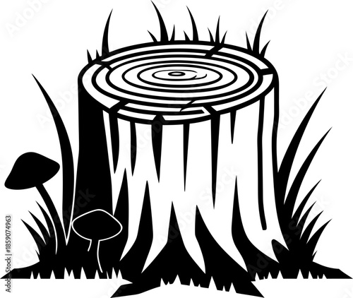 Tree stump with rings, grass and mushrooms black and white forest element symbolizing logging, deforestation, timber and woodland ecosystem