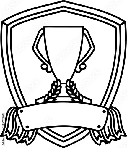 Trophy emblem with shield outline, laurel wreath and blank ribbon banner for award, achievement, winner badge or champion recognition design