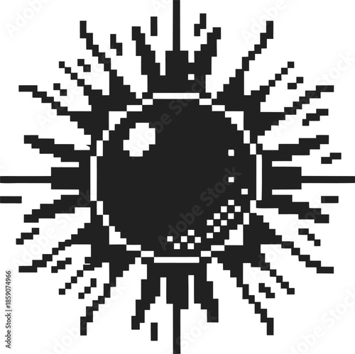 Pixel sun eye emblem with radiant rays retro monochrome symbol blending celestial sunburst and mystical all seeing eye