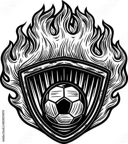 flaming soccer emblem with shield and ball monochrome fiery football crest design, blazing flames outline athletic sports logo