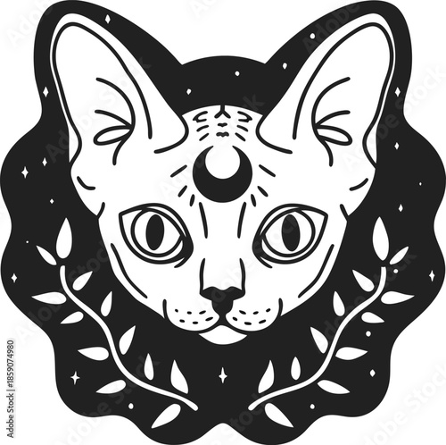 Mystical sphynx cat head with crescent moon symbol and ornamental floral frame, magical feline illustration in monochrome occult