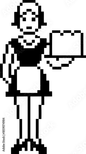 Retro pixel maid character holding tray in monochrome 8 bit minimalist waitress sprite for vintage arcade gaming design