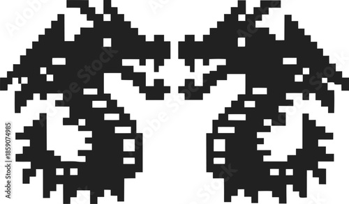 symmetrical pixel dragons facing each other retro 8 bit mythical creatures, mirrored fantasy reptile icons for vintage gaming design