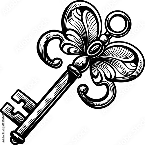 vintage ornate skeleton key with decorative floral scrollwork retro antique access symbol, security and mystery concept illustration
