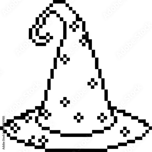 pixel wizard hat with stars retro black and white magic pointed cap icon, minimalist fantasy costume accessory illustration