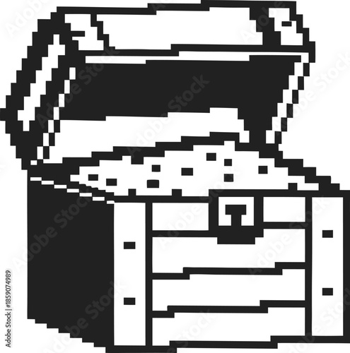 Open pixel treasure chest icon with coins, retro monochrome 8 bit game asset, classic digital loot symbol for arcade interface