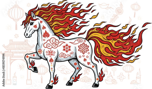 Happy Chinese new year golden red relief horse traditional lantern spiral cloud and folding fan. Chinese translation : New year of horse
