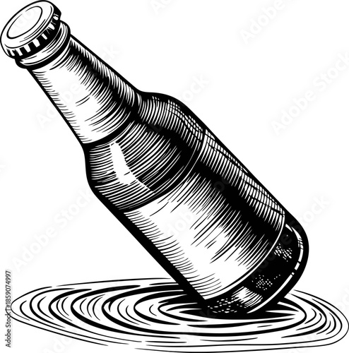 Vintage illustration of a glass bottle floating on water with detailed shading and highlights