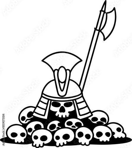 Medieval helmet and battle axe resting on pile of human skulls warrior armor symbol of ancient warfare and death