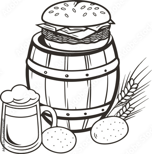 Burger on wooden barrel with frothy beer mug, potatoes, and wheat stalks outline drawing