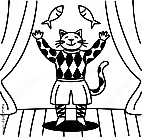 Cat juggler performing on stage with two fish, wearing patterned sweater and shorts, playful circus act