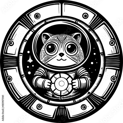 Cat astronaut inside spaceship window looking out into space cute animal pilot in space suit with stars and planets