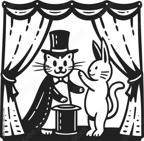Cat magician performing a magic trick with a rabbit on stage behind curtains in vintage illustration