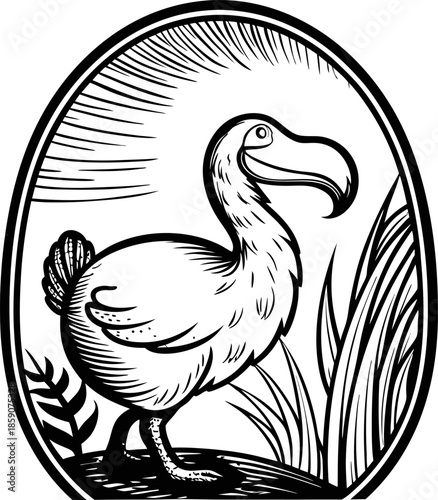 Dodo bird illustration in vintage extinct flightless bird with large beak standing against nature background