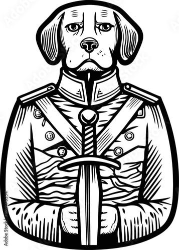 Dog in military uniform holding sword vintage mascot character with serious expression in detailed jacket and epaulets