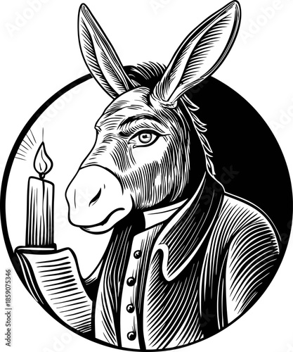 donkey in vintage clothing holding a lit candle, detailed black and white illustration with classic