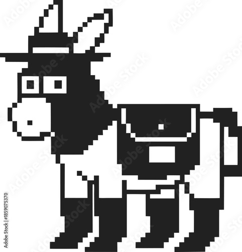 Pixel art donkey with saddle and hat retro 8 bit animal character in black and white illustration