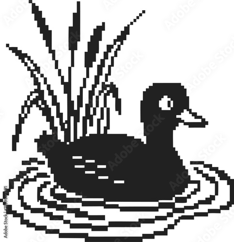 Pixel art black duck swimming in pond with water ripples and reeds on white background