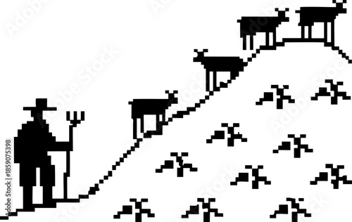 pixel art farmer tending cattle on hilly farmland with crops in minimalist monochrome