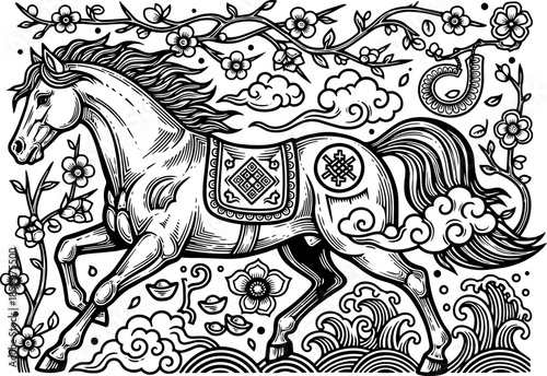 Happy Chinese new year golden red relief horse traditional lantern spiral cloud and folding fan. Chinese translation : New year of horse
