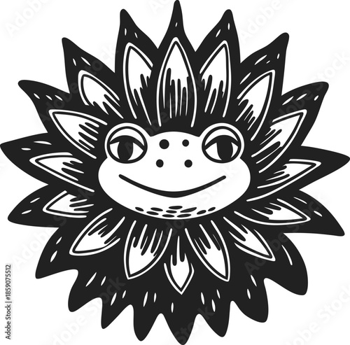Smiling frog face surrounded by sunflower petals, stylized floral animal design in black and white