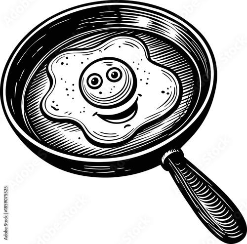 Fried egg with smiley face in black skillet breakfast food illustration, happy sunny side up egg in frying pan