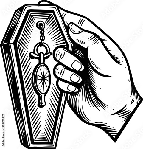 Hand holding coffin shaped keychain with a skeletal theme in vintage illustration
