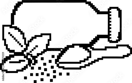 pixel art bottle with seeds, leaves, and spoon, organic natural ingredients for cooking and herbal use