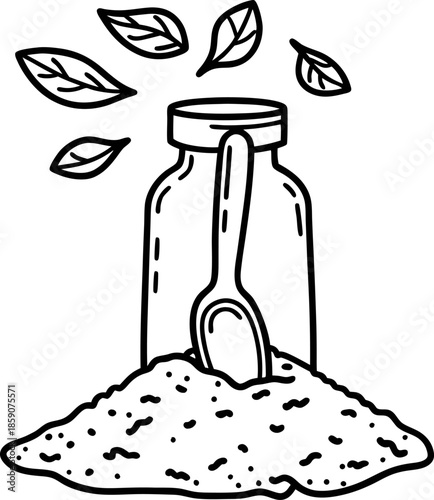 Jar of herbs and spice pile with scoop, hand drawn seasoning illustration with leaves and container for culinary use
