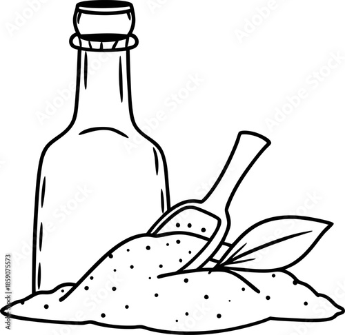 glass bottle and scoop with spice powder and bay leaves, cooking ingredient illustration