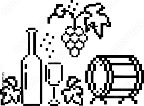 Pixel art wine bottle, glass, barrel, and grapevine with leaves in retro 8 bit illustration