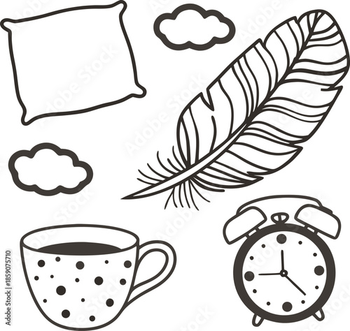 Cozy morning essentials with coffee cup, alarm clock, feather, pillow, and clouds sketch drawing
