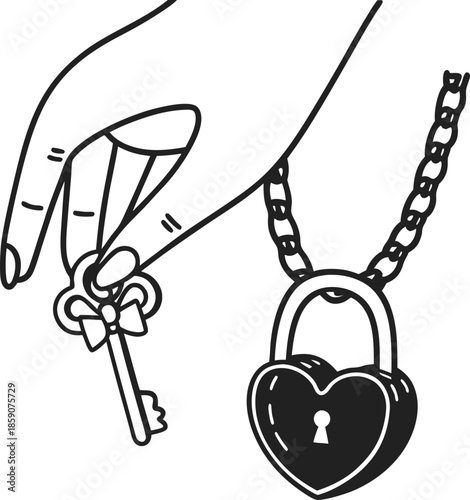 Hand holding a key with a bow, unlocking a heart shaped padlock on a chain, symbolizing love and trust