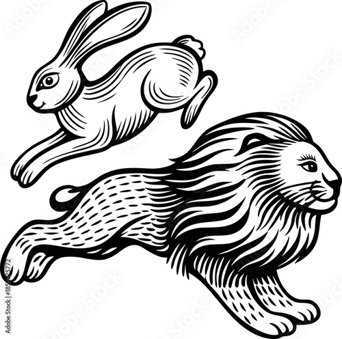 Lion and rabbit running side by side in stylized black and white illustration wild animals, speed, agility, nature concept